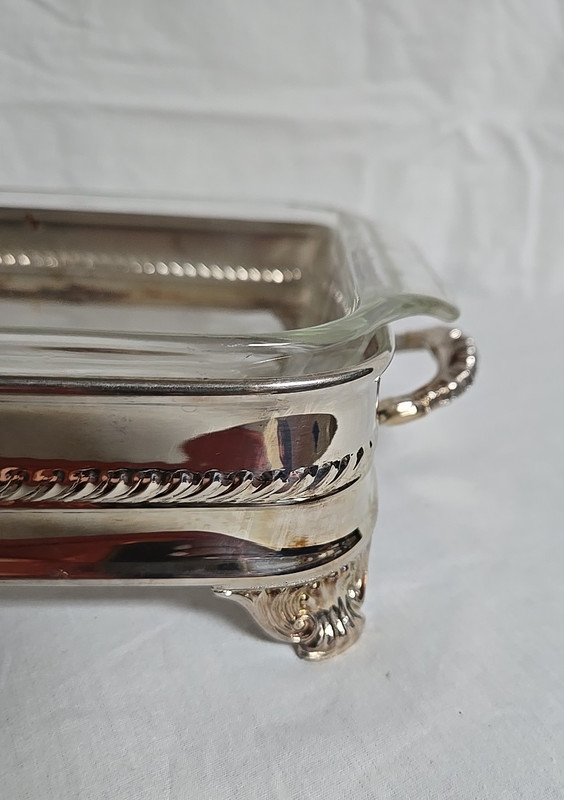 VTG Silver Plated Retangle Chafing Serving Footed Dish W/Fire King Glass Insert gallery