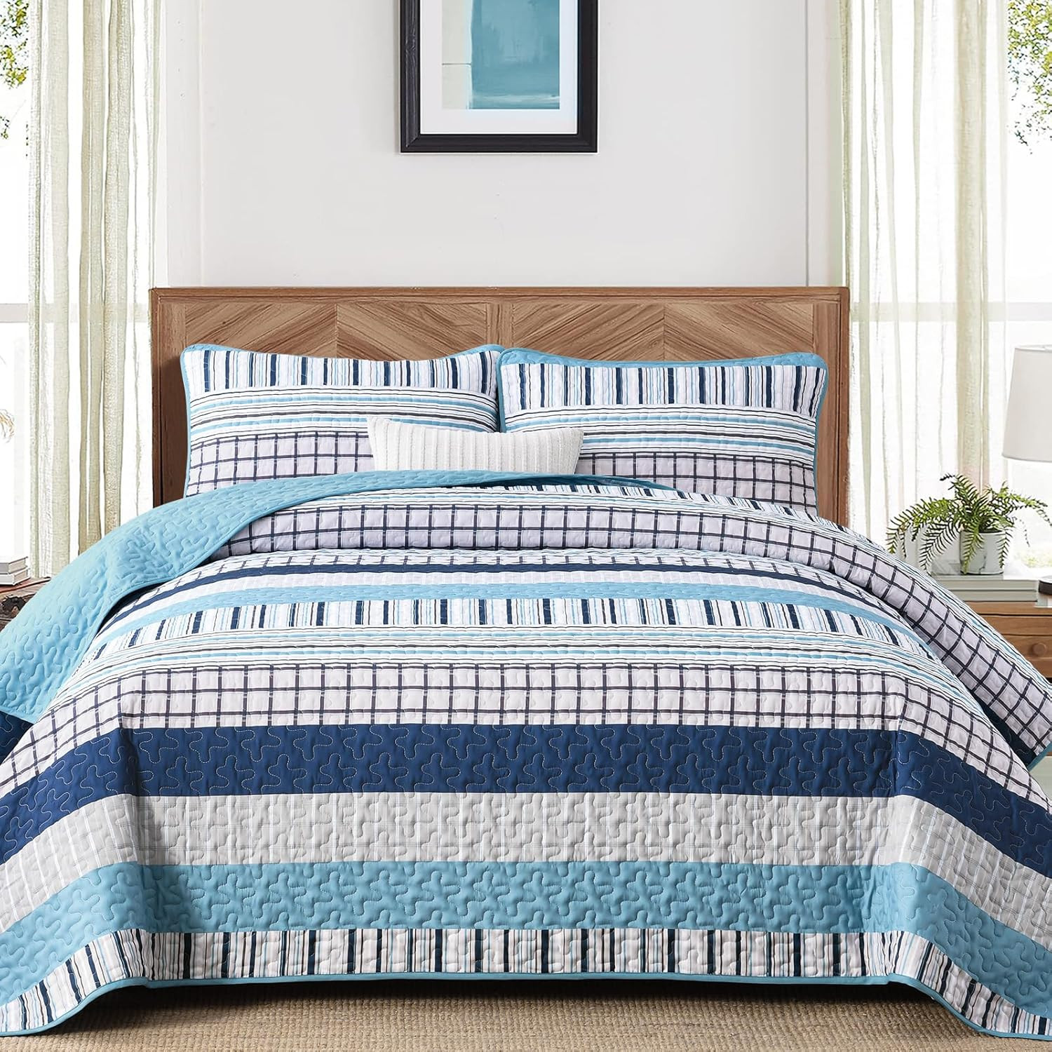 Striped King Size Quilt Set, Light Blue Boho Bedspread Coverlet Set with 2 Pillo gallery