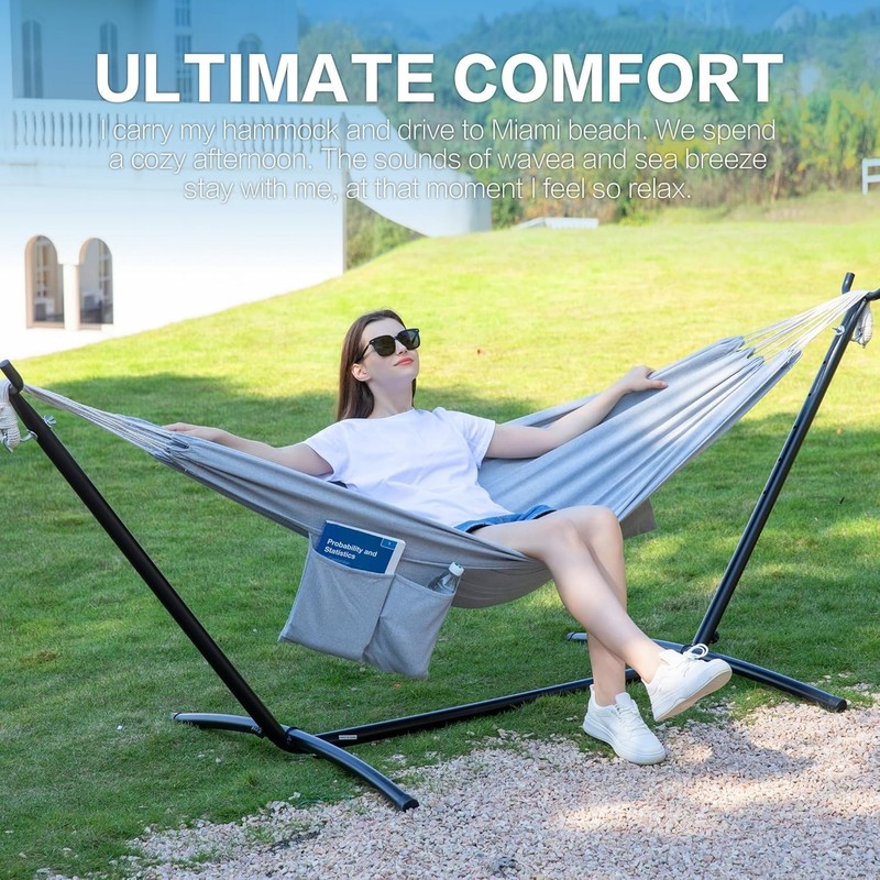 Gray Double Hammock with Durable Steel Stand 450 Pounds Capacity for Two People gallery