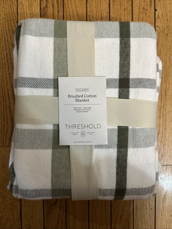 Threshold Full/Queen Brushed Cotton Blanket Cream & Green 90 in x 92 in New gallery