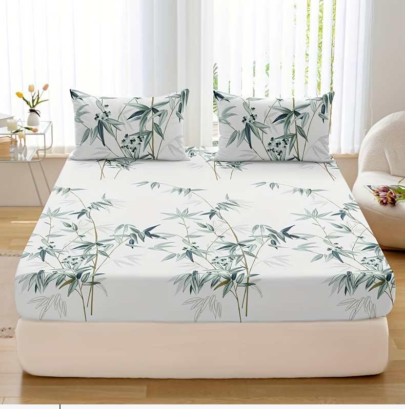 3pcs Bamboo Leaf Print Fitted Sheet Set Soft Hypoallergenic Breathable gallery