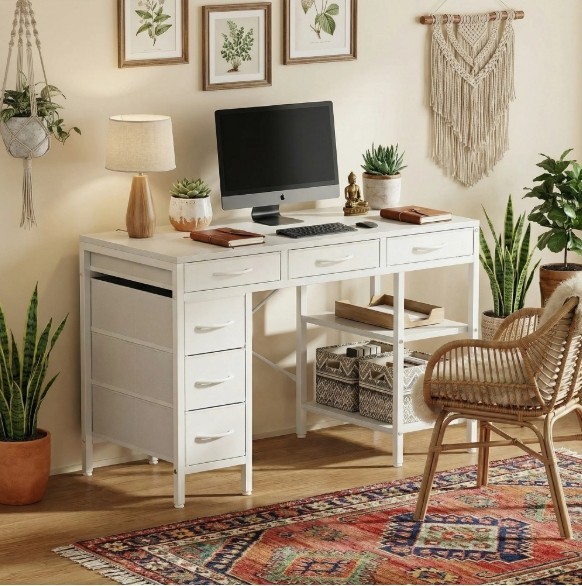 CONCETTA 55" Computer Desk w/ 6 Drawers & Shelves Modern Home Office Desk White gallery