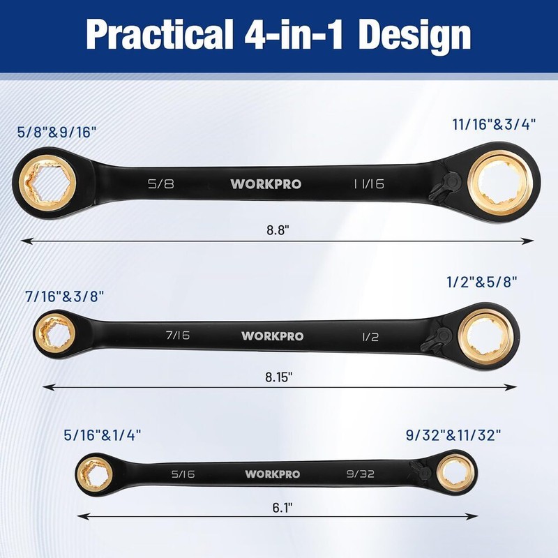 WORKPRO 3PC 4-in-1 Reversible Ratcheting Wrench Set Anti Slip SAE Double Box End gallery