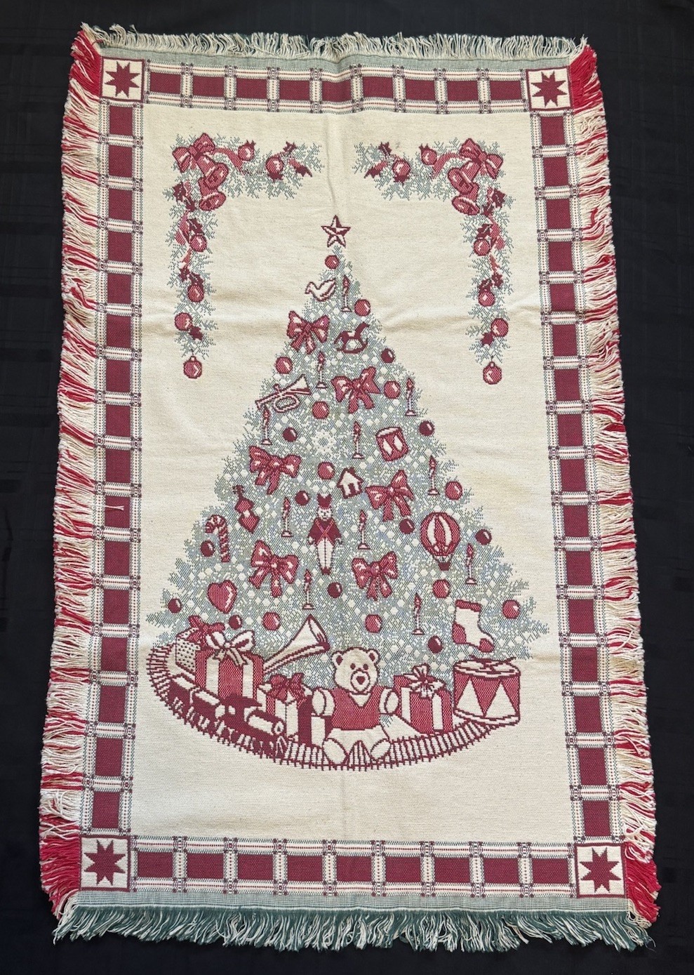 Vintage Christmas Tree Woven Chair Throw Blanket Fringe 28”x46” Country Cottage gallery