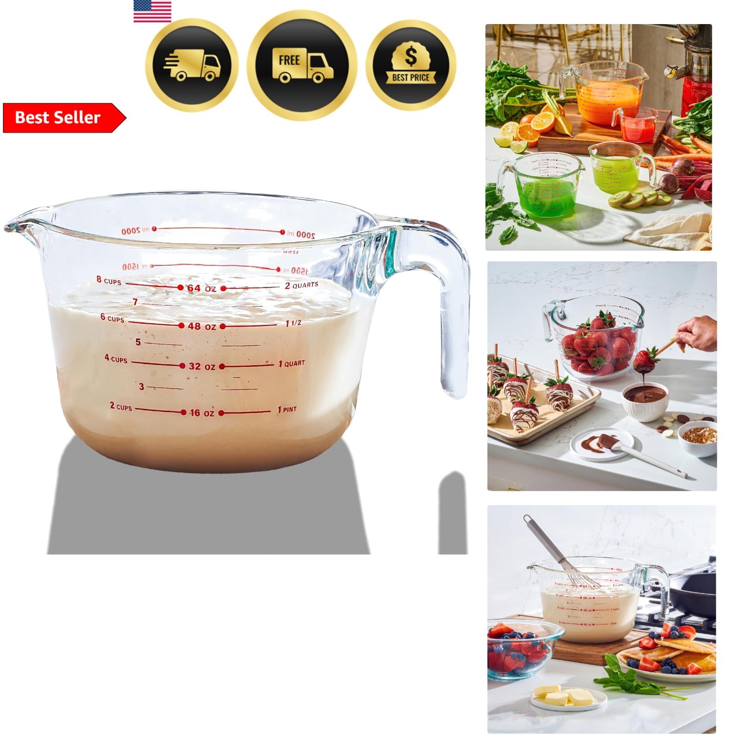 Large Glass Measuring Cup 8 Cup Liquid Measure Bowl Kitchen Mixing Tool gallery