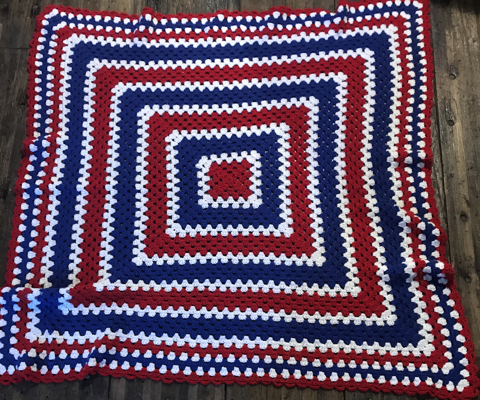 Hand Crochet Square Afghan Blanket 46x47 Red White Blue Vintage 4th Of July gallery