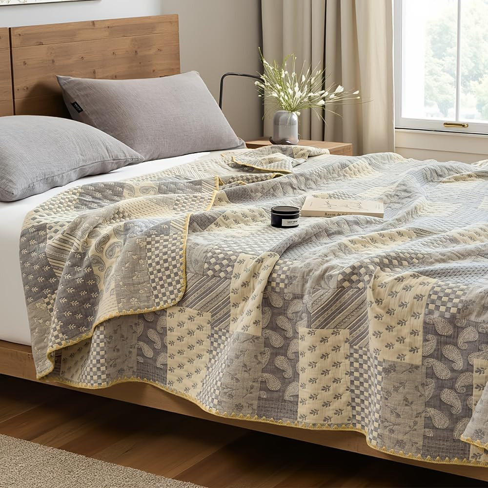 Reversible Cotton Muslin Blanket - Lightweight Grey Patchwork 80x90 In gallery