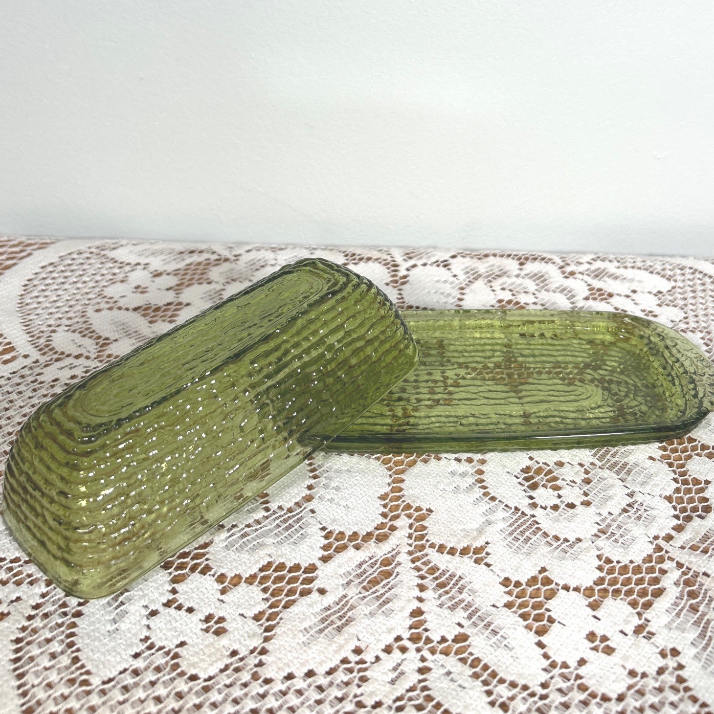 Anchor Hocking Soreno Avocado Green Textured Glass Butter Dish + Lid MCM Farm gallery