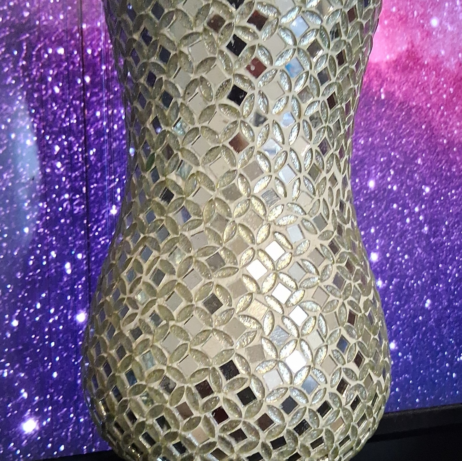 Silver Mirrored Mosaic Glass Table Vase, Geometric Pattern, Freestanding Decor gallery