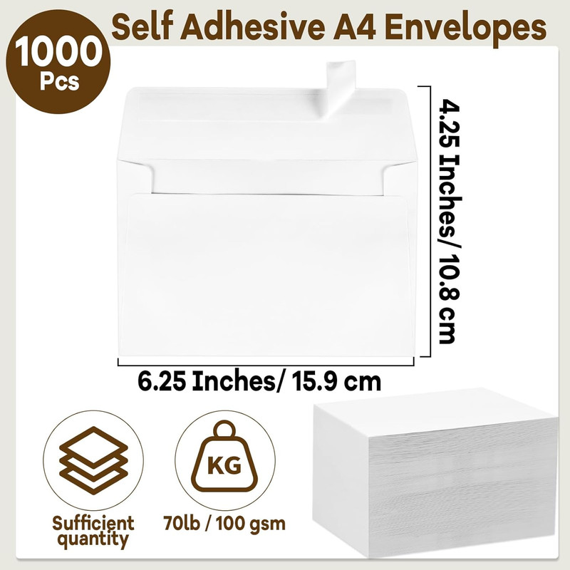 1000pcs White A4 Self-Adhesive Envelopes 4.25x6.25in Bulk Invitation Mailers gallery