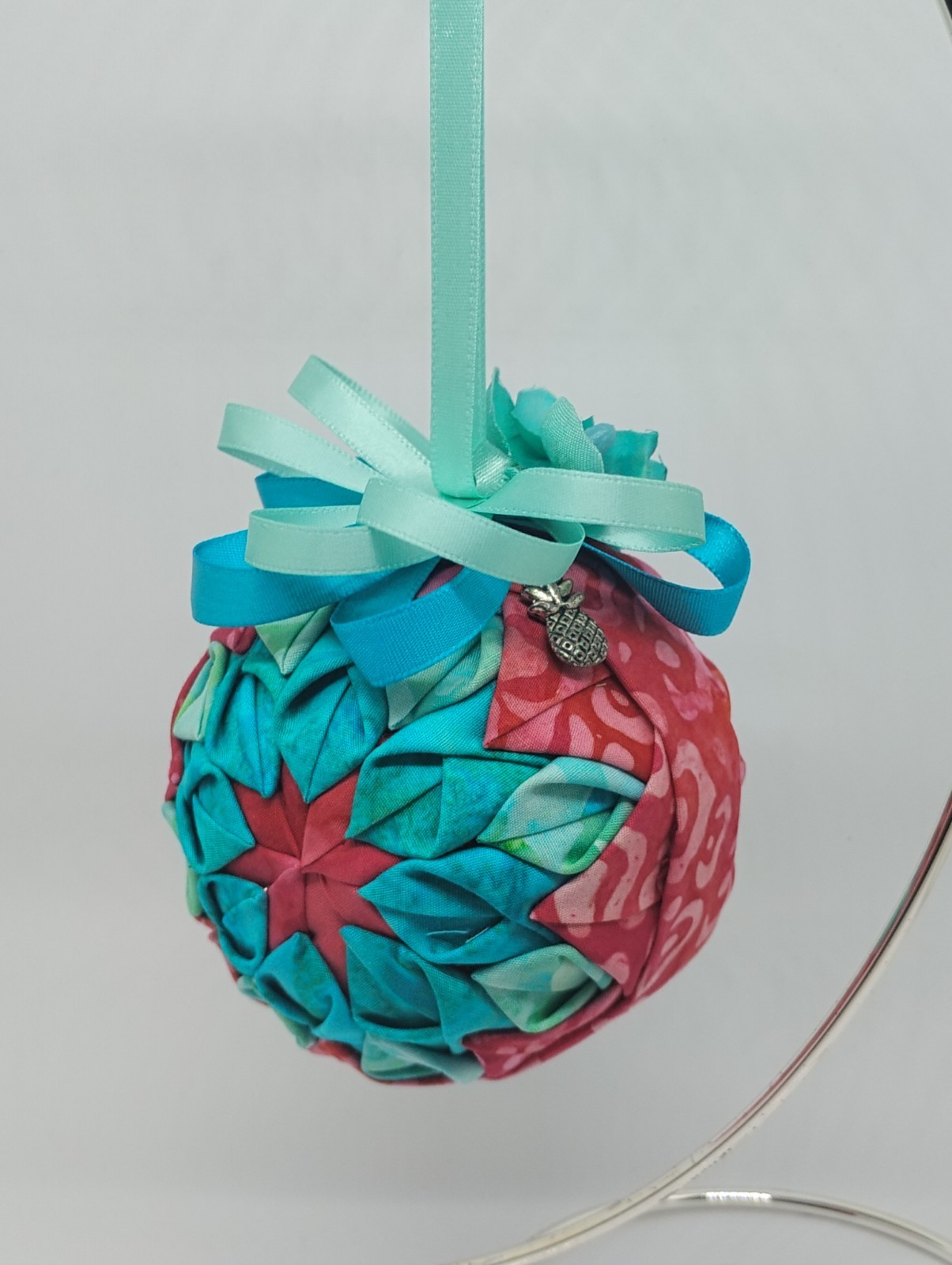 Turquoise/Pink Fabric Floral Round Ball Hanging Pineapple Bauble w/ Ribbon Bow gallery