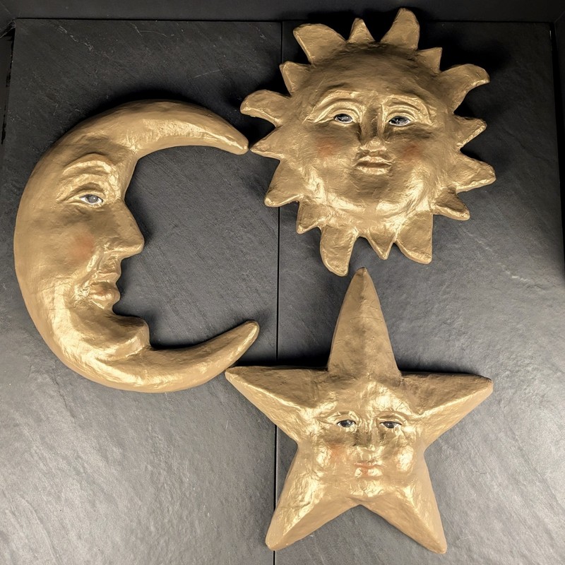 Celestial Chalkware Sun Moon Star Wall Decor Gold Plaster Large 3pc Set gallery