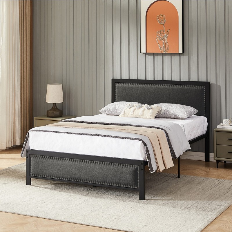 Twin/Full/Queen Bed Frame with Upholstered Headboard Heavy Metal Slats Platform gallery