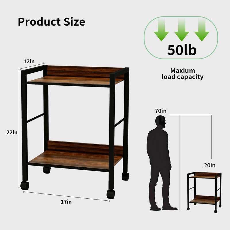 Rolling End Table Nightstand 2 Tier Industrial Side Sofa Table Walnut Brown gallery