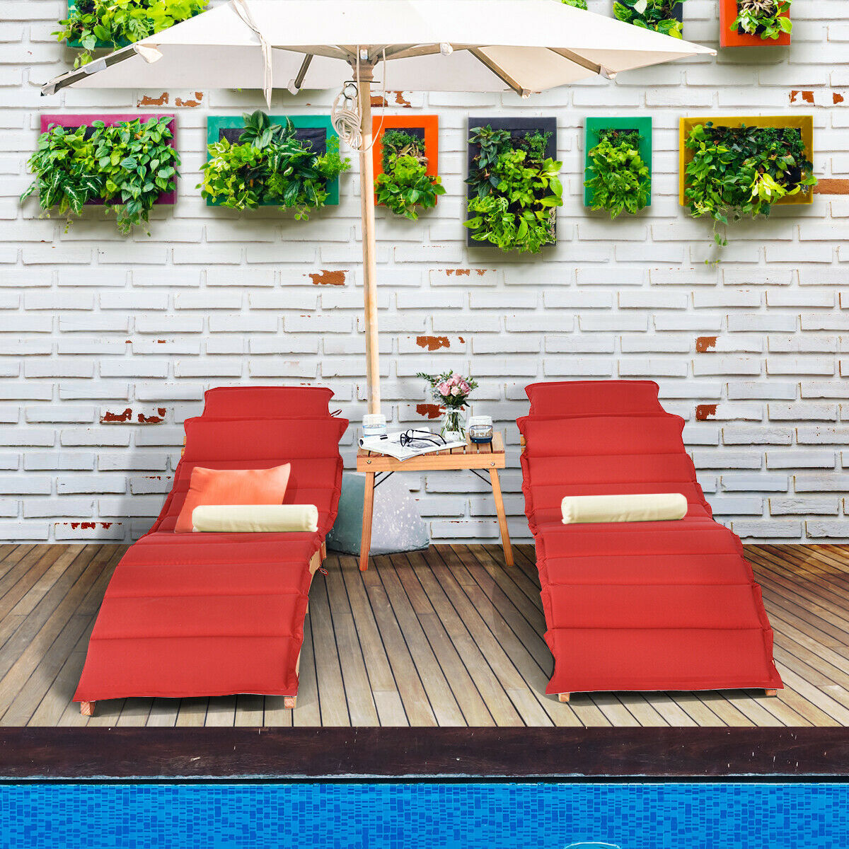 3 PCS Folding Eucalyptus Lounge Chair & Table Set w/ Double-sided Cushion gallery