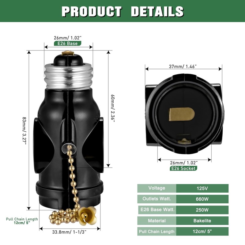 2 Outlet Light Socket Adapter,E26 Bulb Socket to Outlet Splitter,Converts Med... gallery