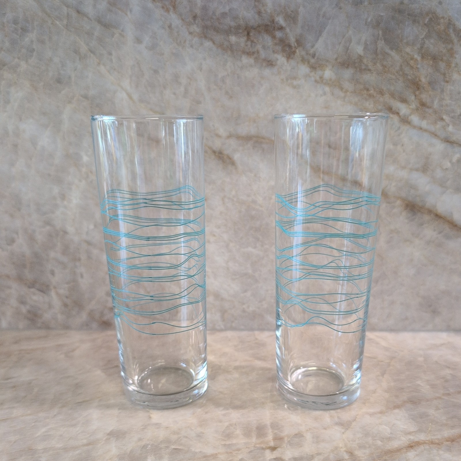 Mid Century Modern Atomic Style Aqua Turquoise Collins Pair of Tall Glasses gallery
