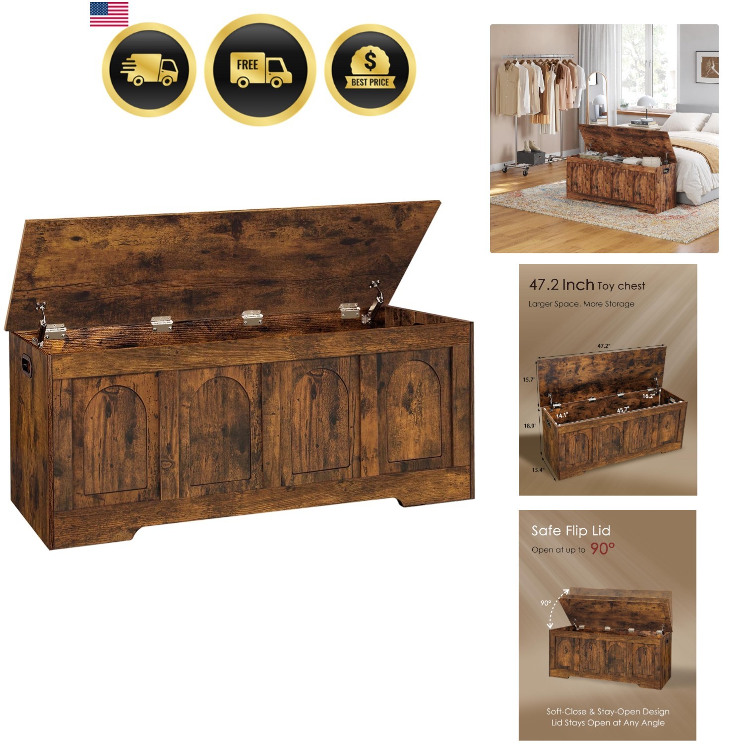 Rustic Brown Wooden Storage Chest with Safety Hinges - Stylish Home Organization gallery