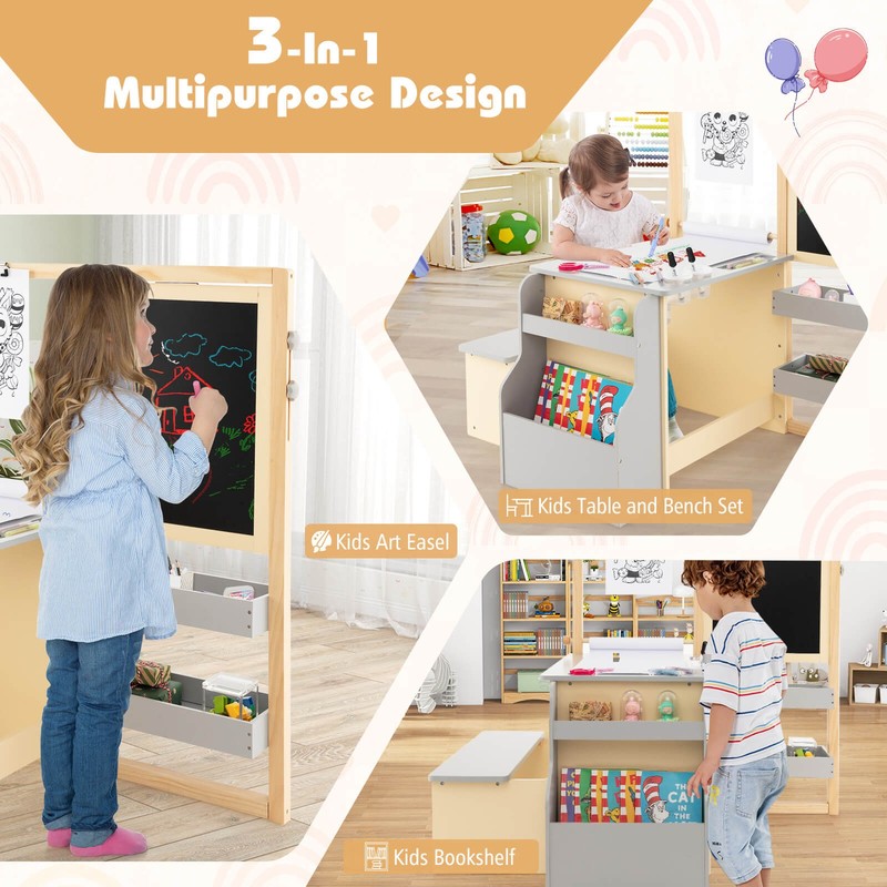 Kids Art Easel & Table & Bench Set with Blackboard & Magnetic Whiteboard Nursery gallery