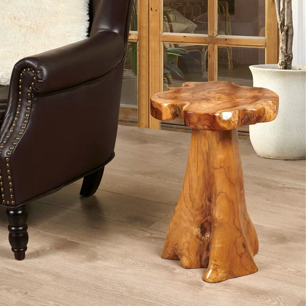 Rustic Teak Tree Stump Table – Live Edge Side Table or Stool, Natural Wood, Gift