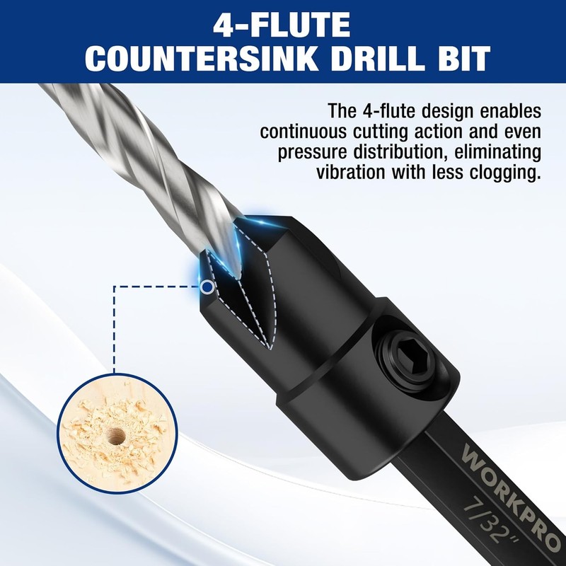 WORKPRO 5PC HSS Countersink Drill Bit M2 4Flute Woodworking Pilot Screw Hole Set gallery