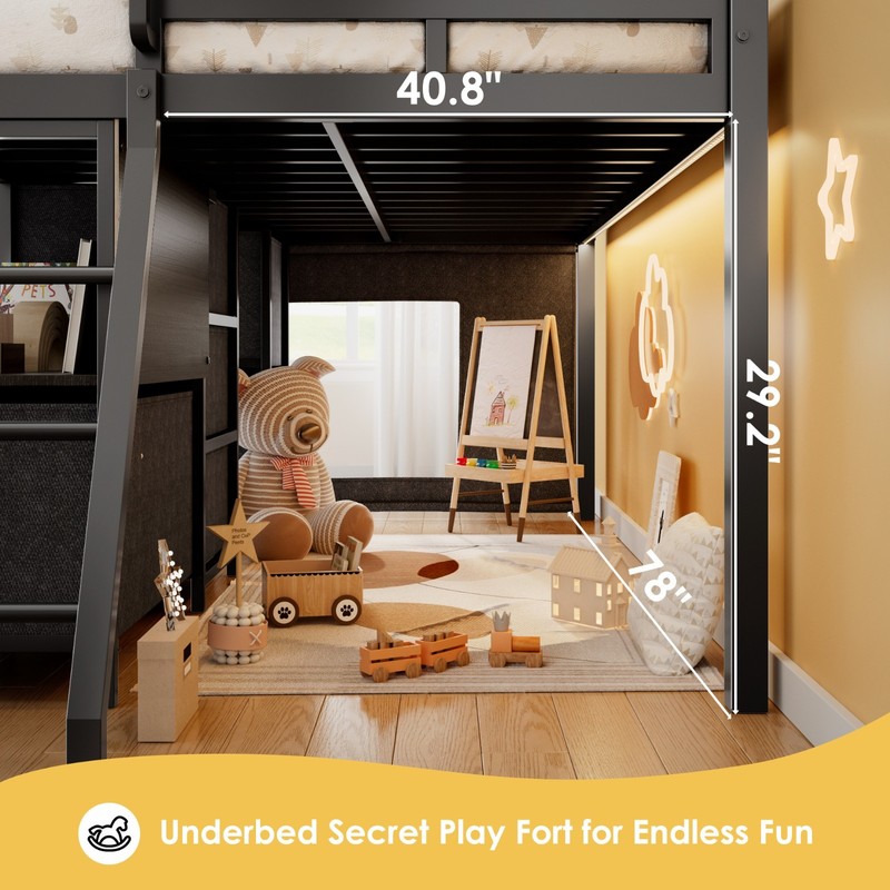 Full Size Low Loft Bed with 6 Storage Drawers, Bookcase, LED Lights Play Curtain gallery