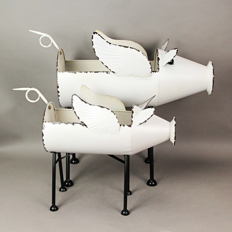 Rustic White Painted Galvanized Metal Flying Pig Standing Planters Set of 2 gallery