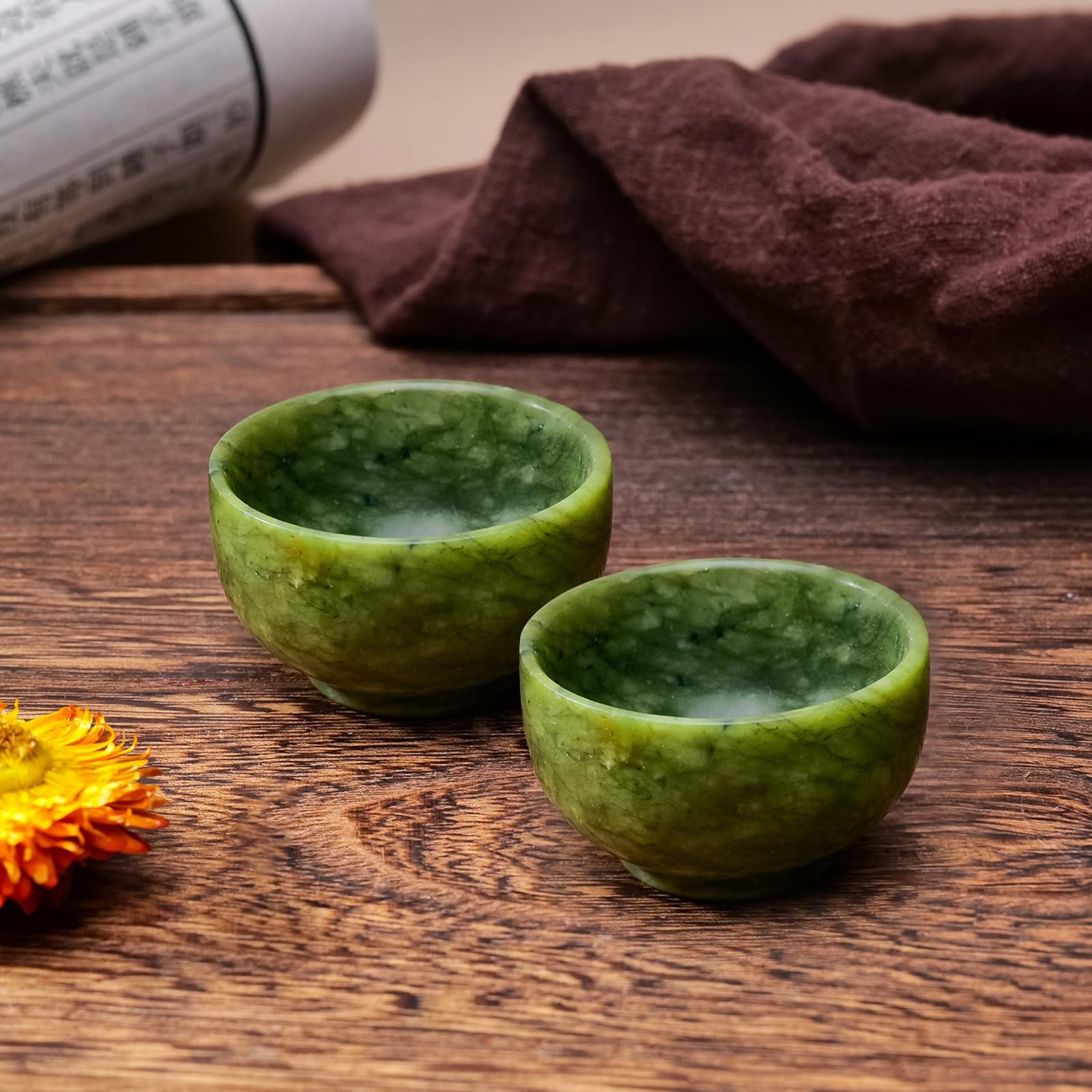 2 PCS Natural Green Jade Tea Cup Set Healing Crystal Hand Carved Bowl Gift gallery