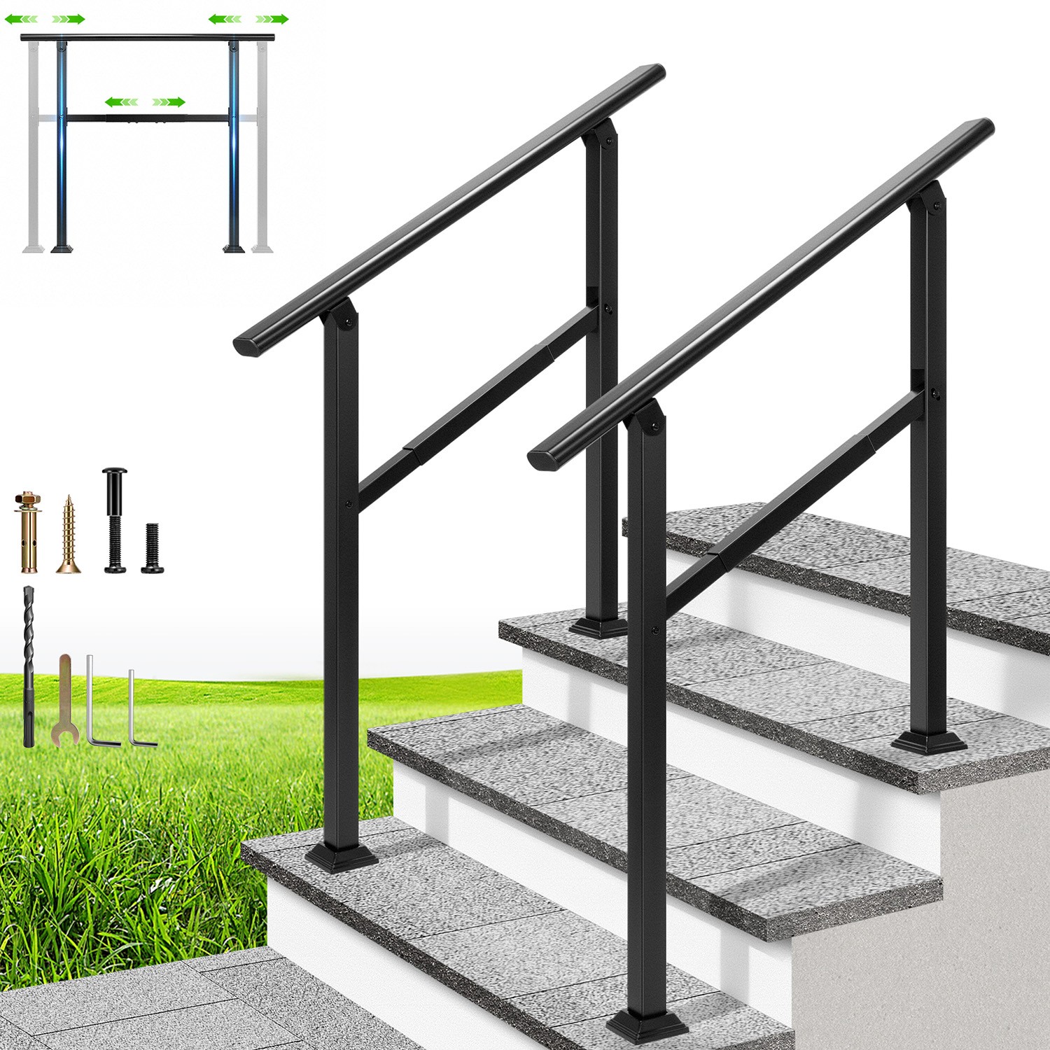 3 Step Handrail Outdoor Stair Railing Adjustable Galvanized Steel Black 2 Pack gallery