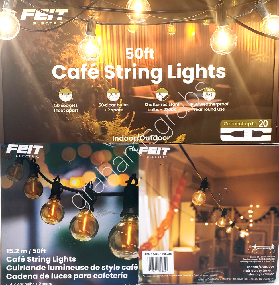 FEIT ELECTRIC CAFE STRING LIGHTS 50' CONNECTABLE INDOOR OUTDOOR PORCH PATIO NEW