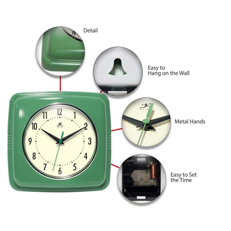 Square Silent Retro Wall Clock 9-Inch Mid Century Modern Kitchen Clock with gallery