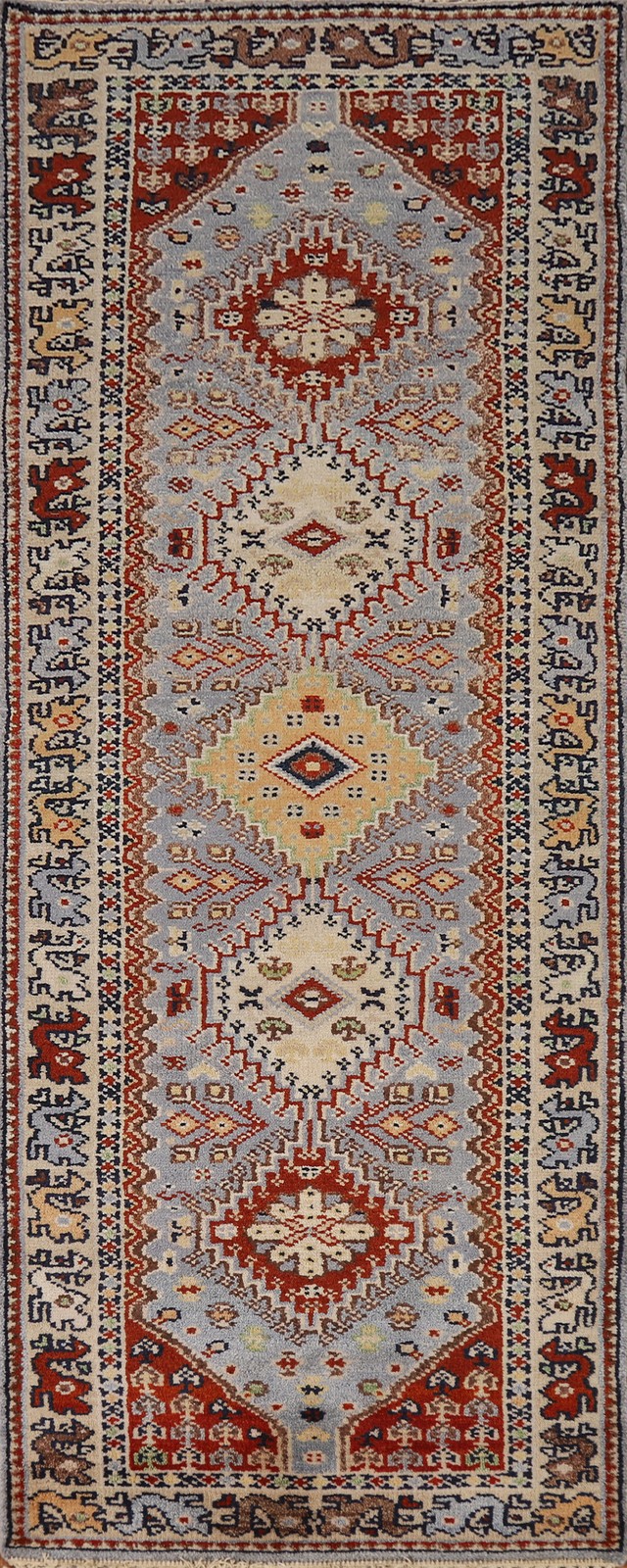 Geometric 8 ft Indian Runner Rug 3x8 Tribal Blue Wool Hand-knotted hallway Rug gallery
