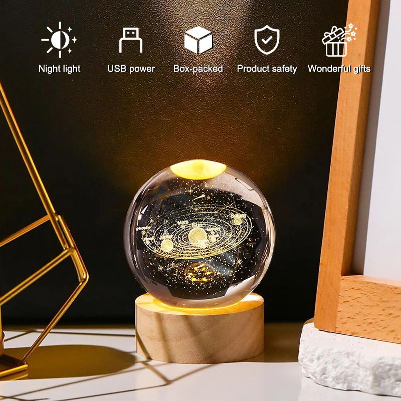 LED Bedside Table Lamp 3D Crystal Ball Night Light Solar System Jellyfish USB gallery