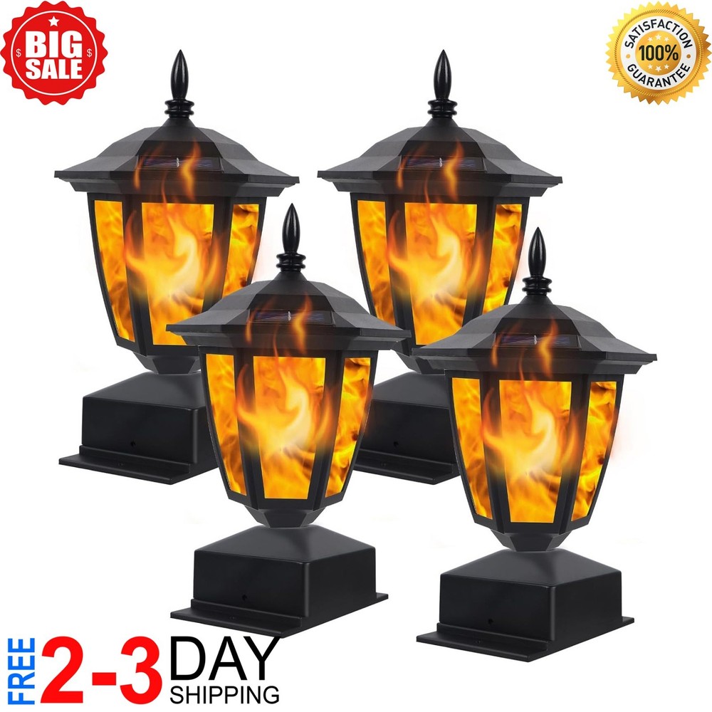 4 Pcs Outdoor Flame Light Solar Post Deck Fence Cap Waterproof Flickering Lights