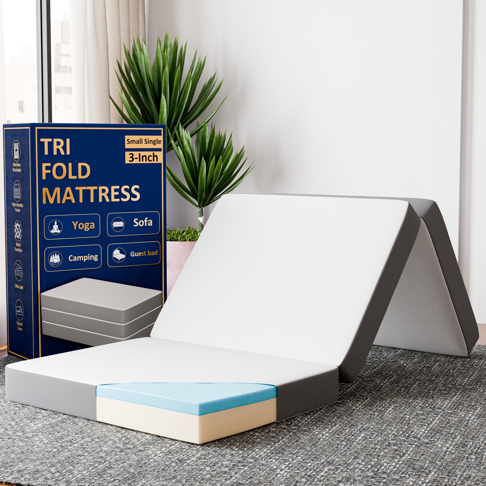 Sleep Sunset, 3” Trifold Memory Foam Mattress, 25-inch, Non-Standard Size. gallery
