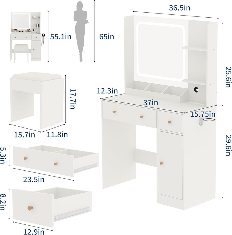 GARVEE LED Dressing Table with 2 Drawers, Hair Dryer Rack & Adjustable Lights gallery