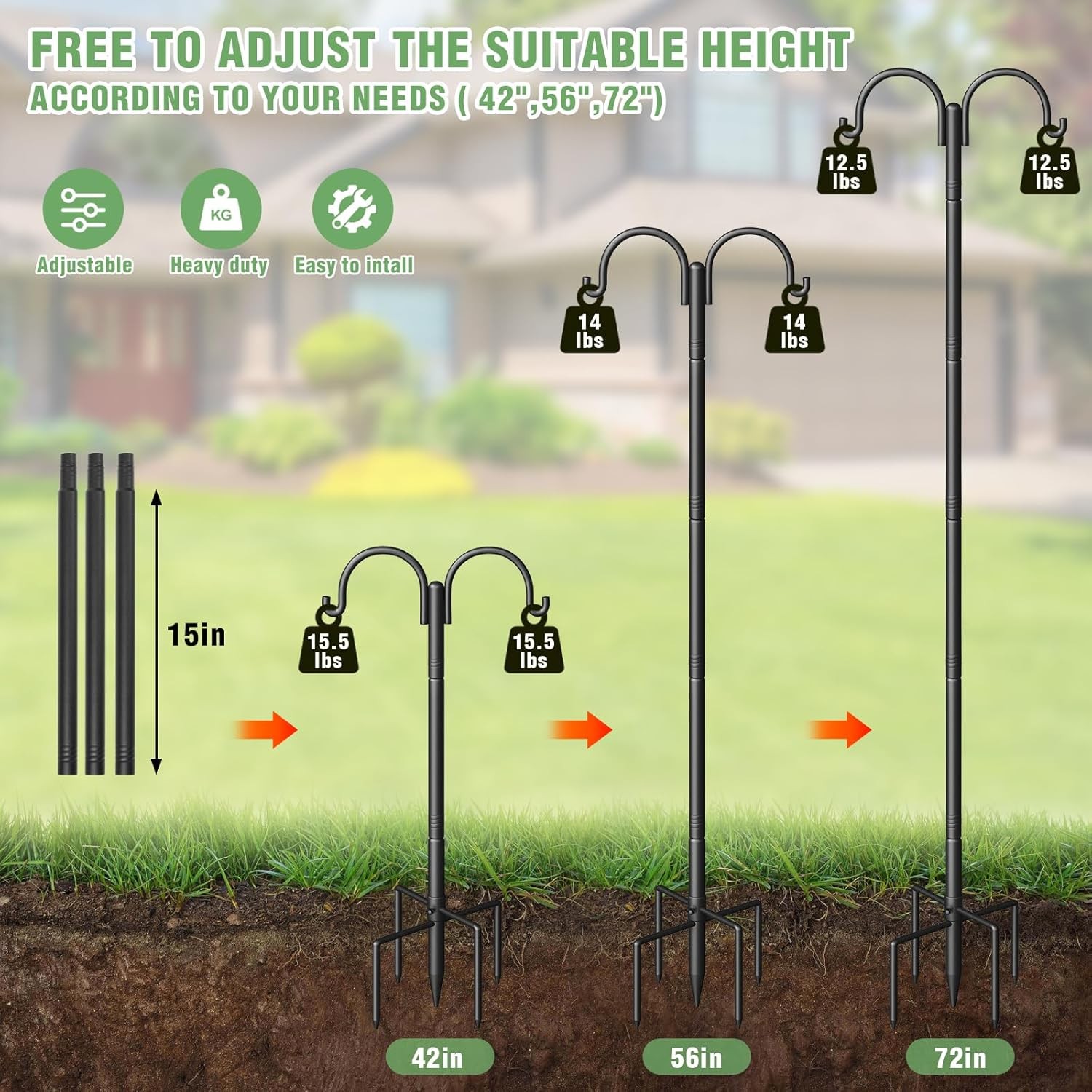 2X Double Shepherds Hooks for Outdoor Adjustable Bird Feeder Pole Hanging Plants gallery