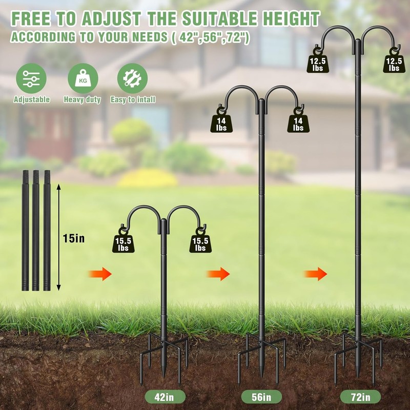 2X Double Shepherds Hooks for Outdoor Adjustable Bird Feeder Pole Hanging Plants gallery