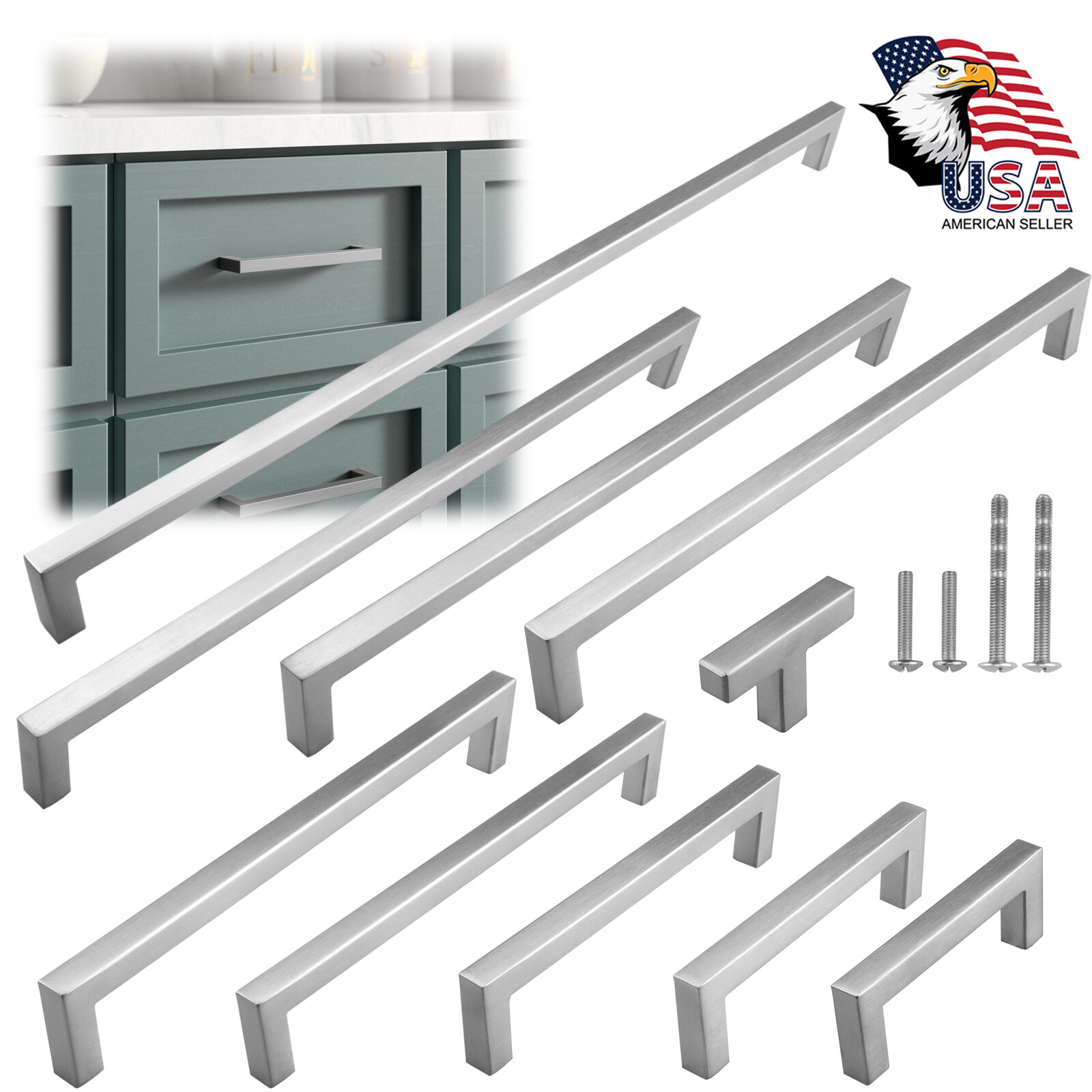 Brushed Nickel Square Cabinet Handles Pulls Kitchen Bathroom Stainless Steel gallery