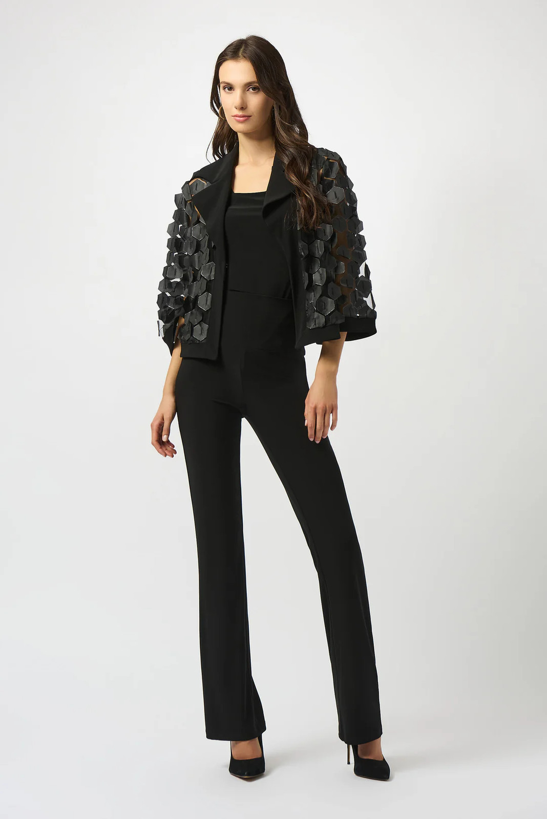 Joseph Ribkoff Black/Silver Collared Embroidered Mesh Trapeze Jacket 253089 gallery