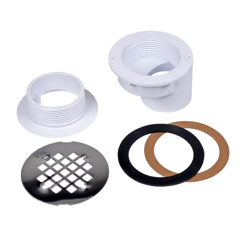 Round Offset White PVC Shower Drain with 4-1/4 In. round Snap-In Stainless Steel gallery