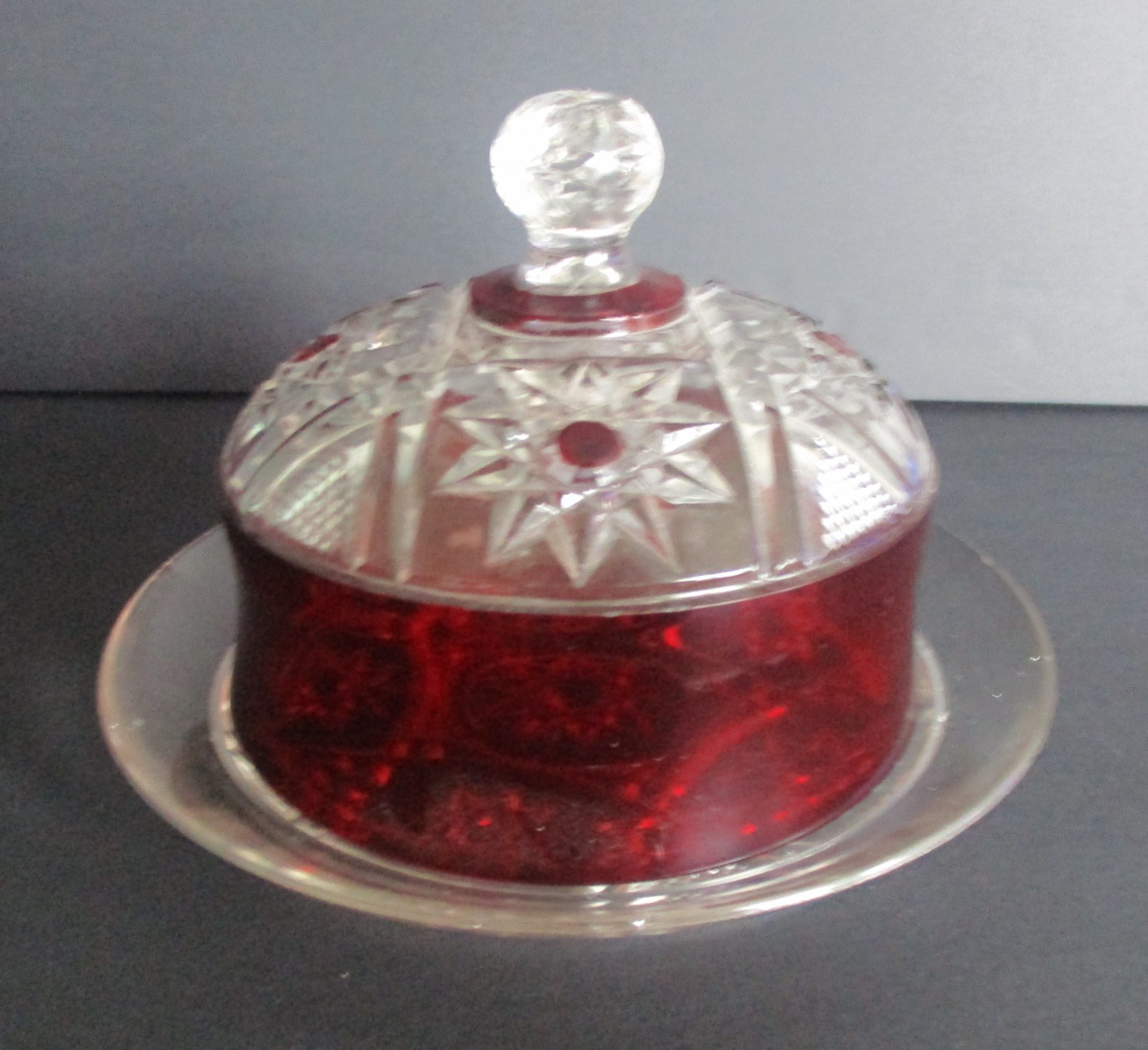 Early 20th Century EAPG Ruby Stained Glass Covered Butter Dish gallery