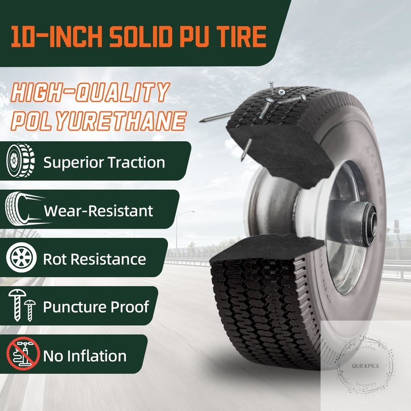 10 Inch Solid Polyurethane Tire 4.10/3.50-4 Tire, 10" Flat Free Wheels with 5/8" gallery