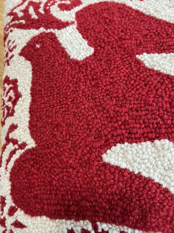 Wool Needle Punch Pillow Red White Folk Art Bird Cottage Decor Granny Primitive gallery