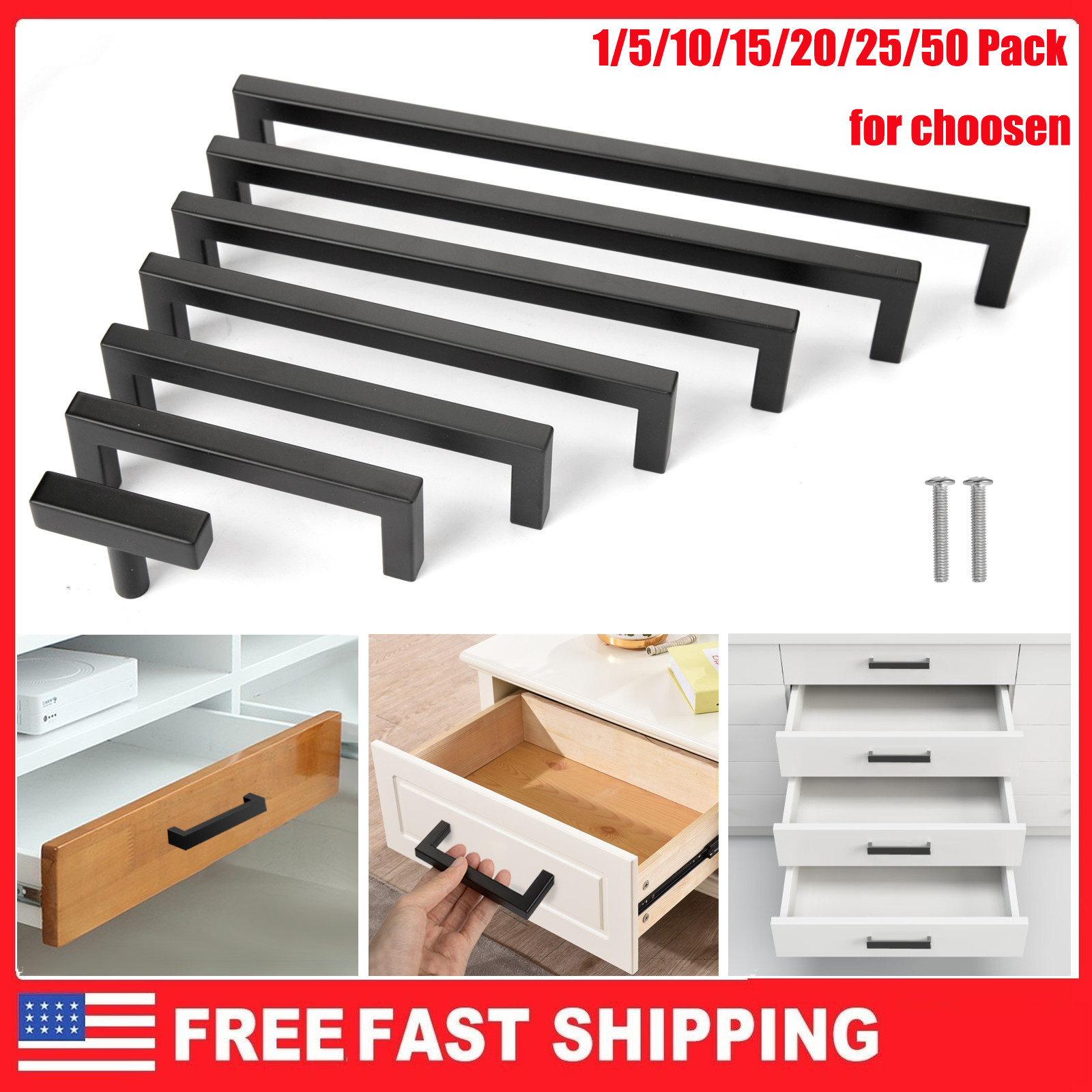 Matte Black Square Modern Cabinet Handles Pulls Kitchen Drawer Stainless Steel gallery