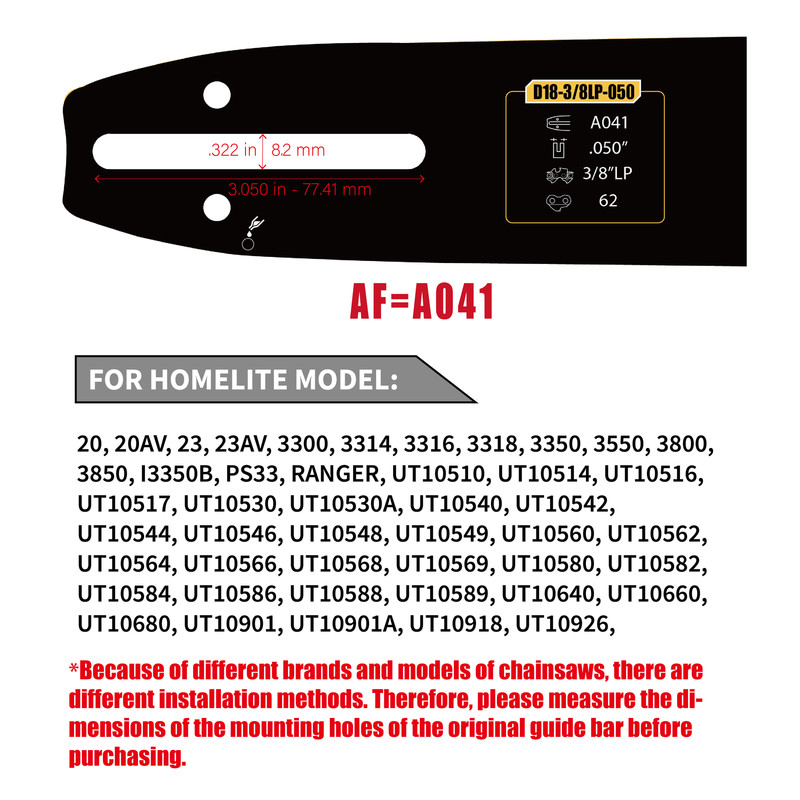 18"Chainsaw Guide Bar&Chains 62 DL,3/8"LP,050"G For HOMELITE d3300, d3350b,d3850 gallery