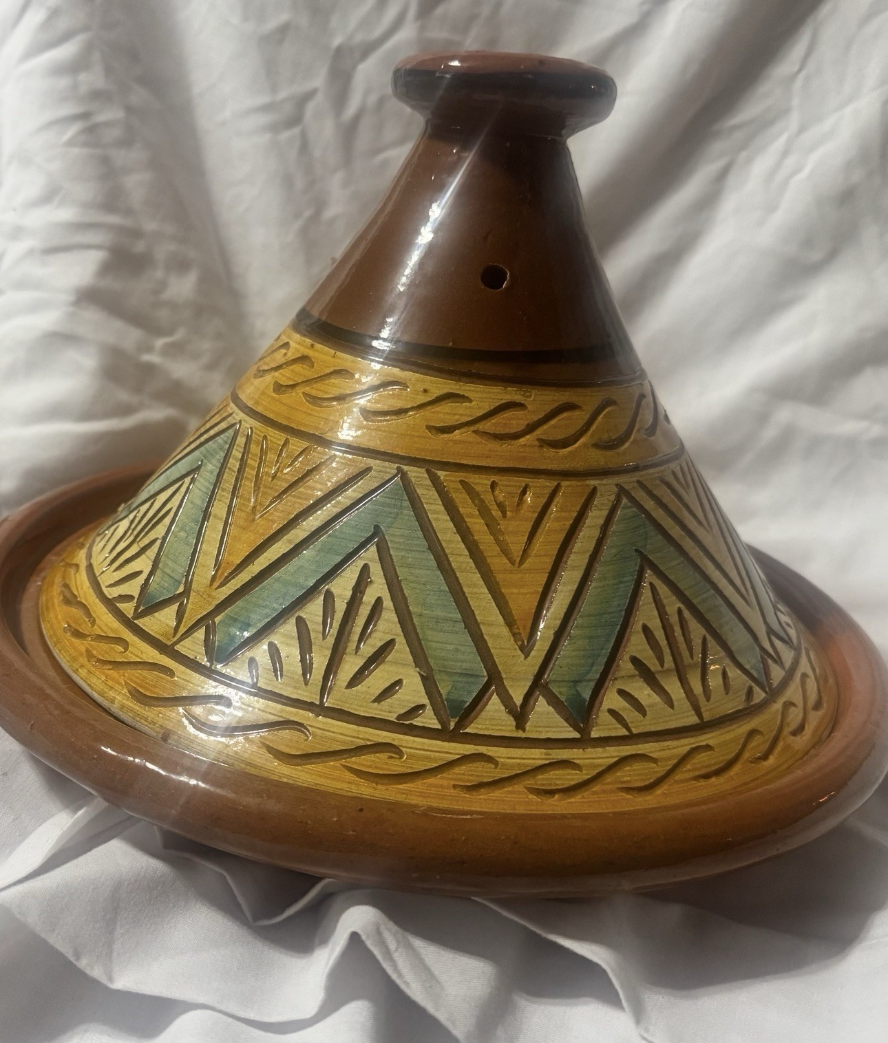 Beautiful Moroccan Ceramic Tagine w/ Lid 4 qt Brown Yellow Green Geometric.9 gallery