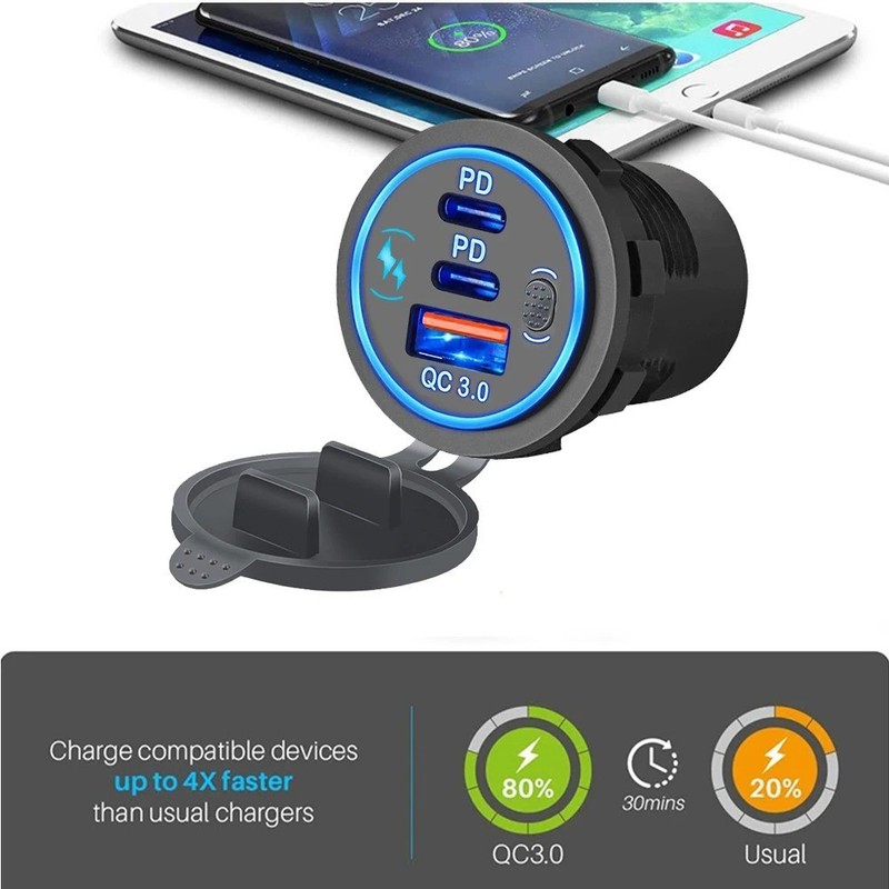 Car Charger Socket PD3.0 & QC3.0 Double USB C Ports Waterproof with LED Touch gallery