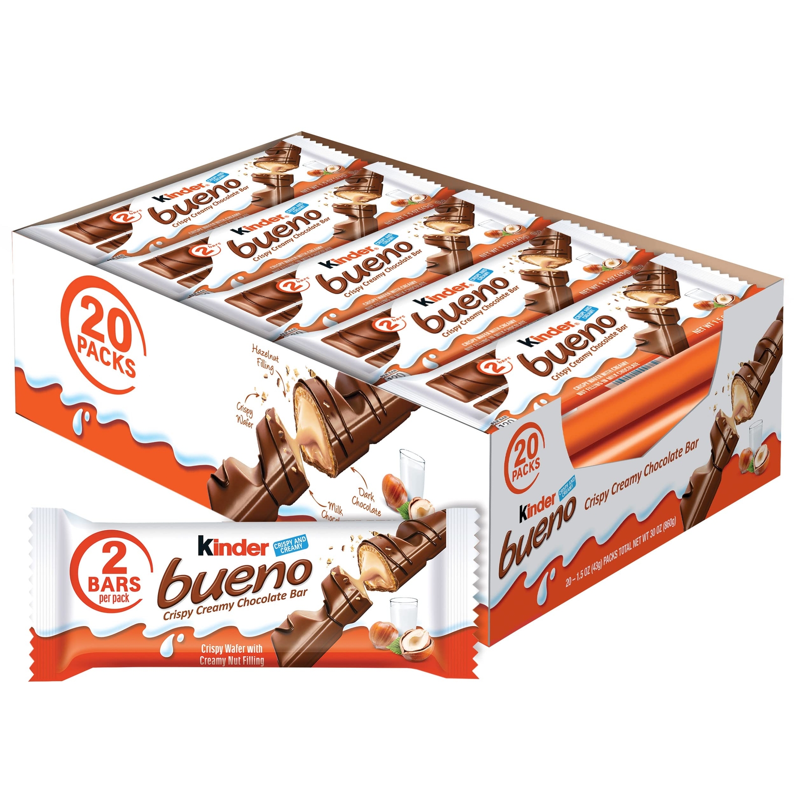 Kinder Bueno, Bulk 20 Pack, Milk Chocolate And Hazelnut Cream, Holiday Gift And gallery