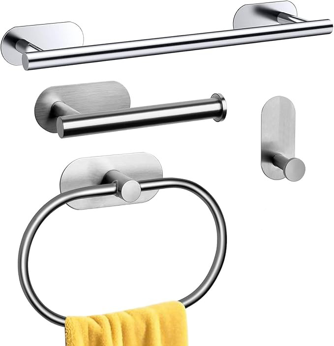 4 Pcs Bathroom Hardware Set Stainless Steel Towel Bar Towel Racks adhesive Hooks gallery